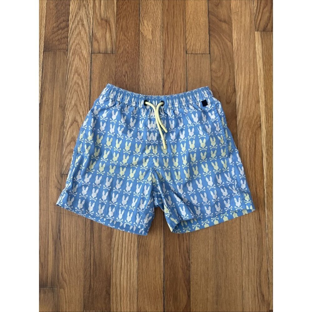 Psycho Bunny Kids Barker Swim Trunks Blue Yellow Bunny Skull Print Size 5-6 (XS)